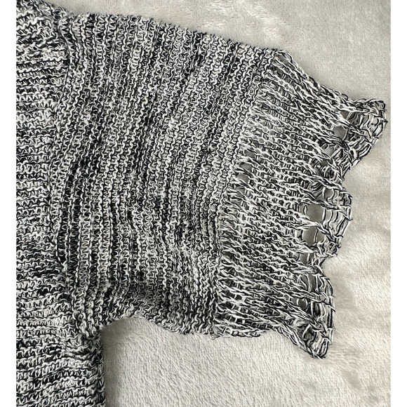 J. Jill 100% LINEN open‎ knit Dolman sweater short sleeve black white cute trim - Picture 3 of 14